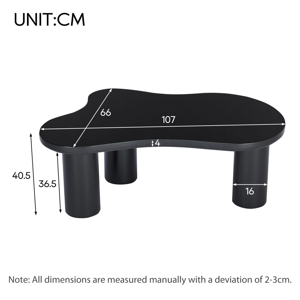Tavolino da caffè con piano sagomato e 3 gambe; per soggiorno; in MDF; nero; 107×66×40.5 cm