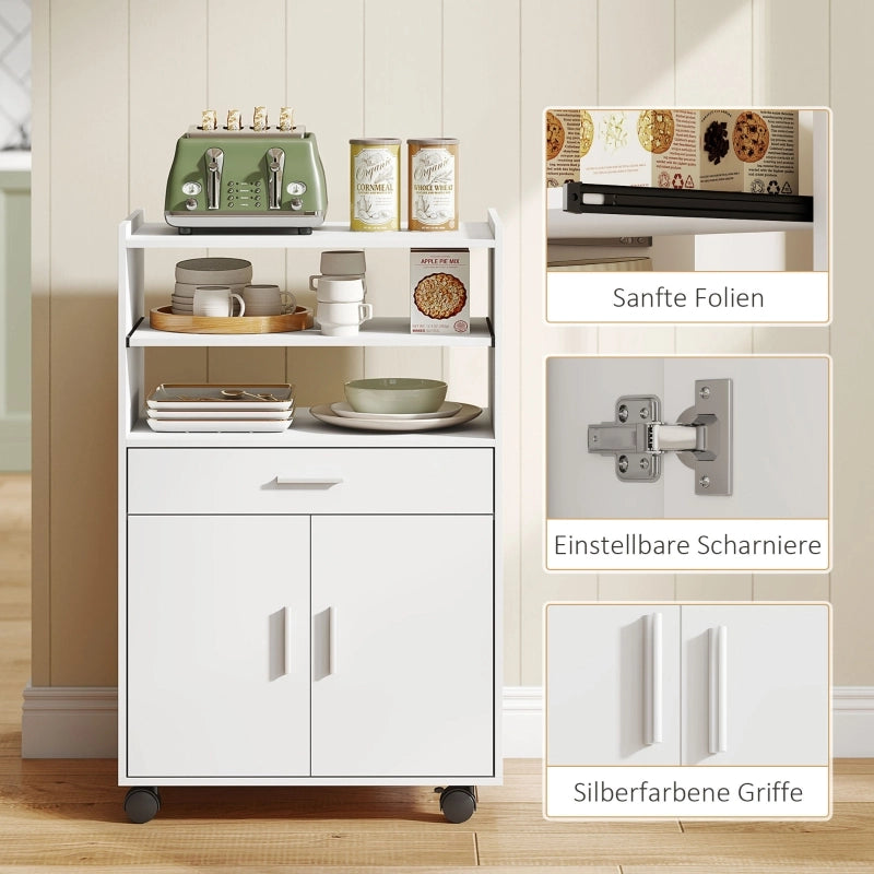 Mobile contenitore da cucina per microonde con piano estraibile 1 cassetto anta doppia e ruote bianco moderno in MDF