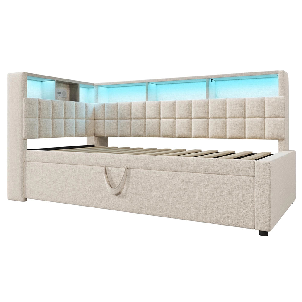 Letto imbottito-Xylo-90x200cm+90x190 LED Bluetooth USB-C testiera L lino beige senza materasso