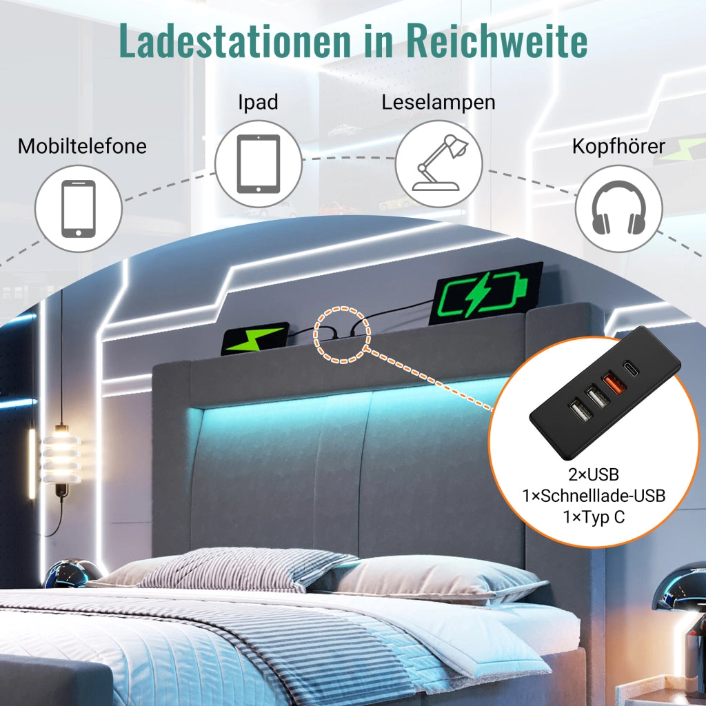 Letto imbottito idraulico con luci LED e porta USB 90x200 cm velluto grigio