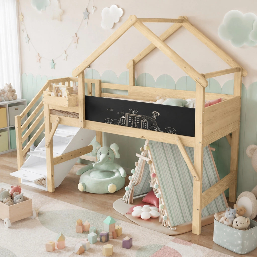 DESMIU Letto a castello 1 posto con barriera, lavagna e 3 vani nella scala, 90 × 200 cm, senza materasso