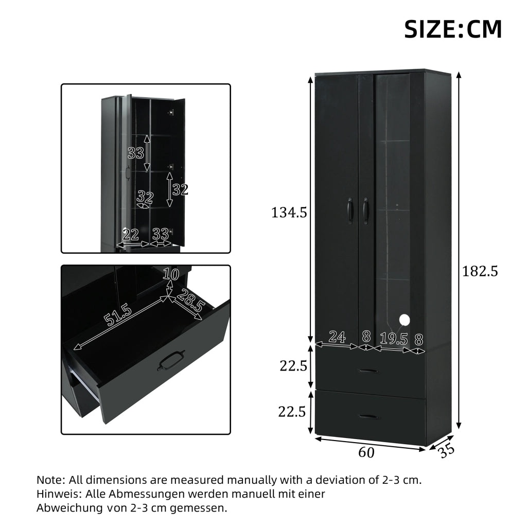 Vetrina con 2 ante; 2 cassetti e 6 ripiani con LED per soggiorno e studio; in truciolare nero; 60×35×182.5 cm