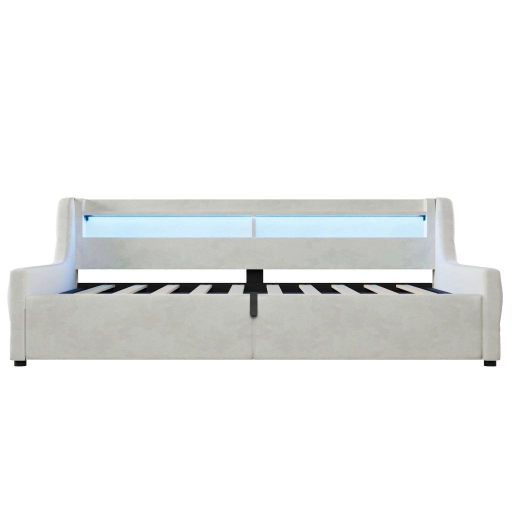 Letto Contenitore Singolo 90x200 cm; LED e Contenitore - in Flanella - Off White