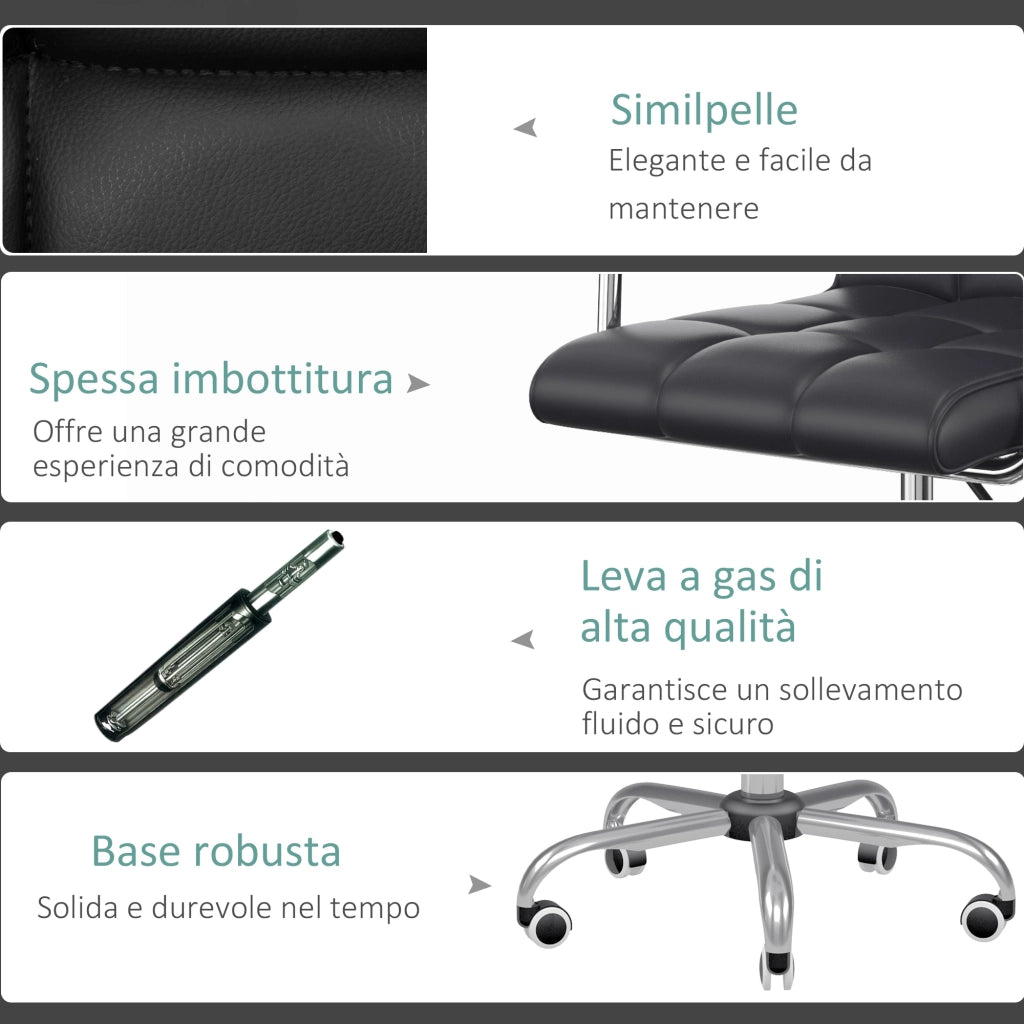 EasyComfort Sedia da Ufficio Ergonomica in pelle PU Nero, Sedia da Studio con 5 Ruote Girevoli, Imbottitura e Altezza Regolabile, 52.5x54x84-99cm