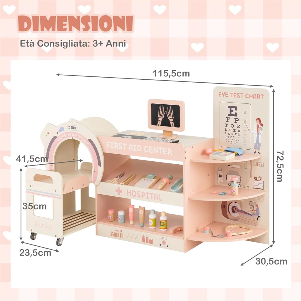 Set Gioco Dottore per Bambini, Medico Giocattolo in Legno con Tabella Oculistica, Macchinario CT e Radiografie, Gioco di Ruolo Medico Educativo con Accessori per Bambini 3+ Anni (Rosa)