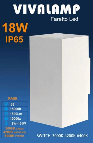 Applique LED da Parete Cubo Bianco 18W 1600Lm Doppia Emissione CCT 3000K 4200K 6400K per esterni IP65