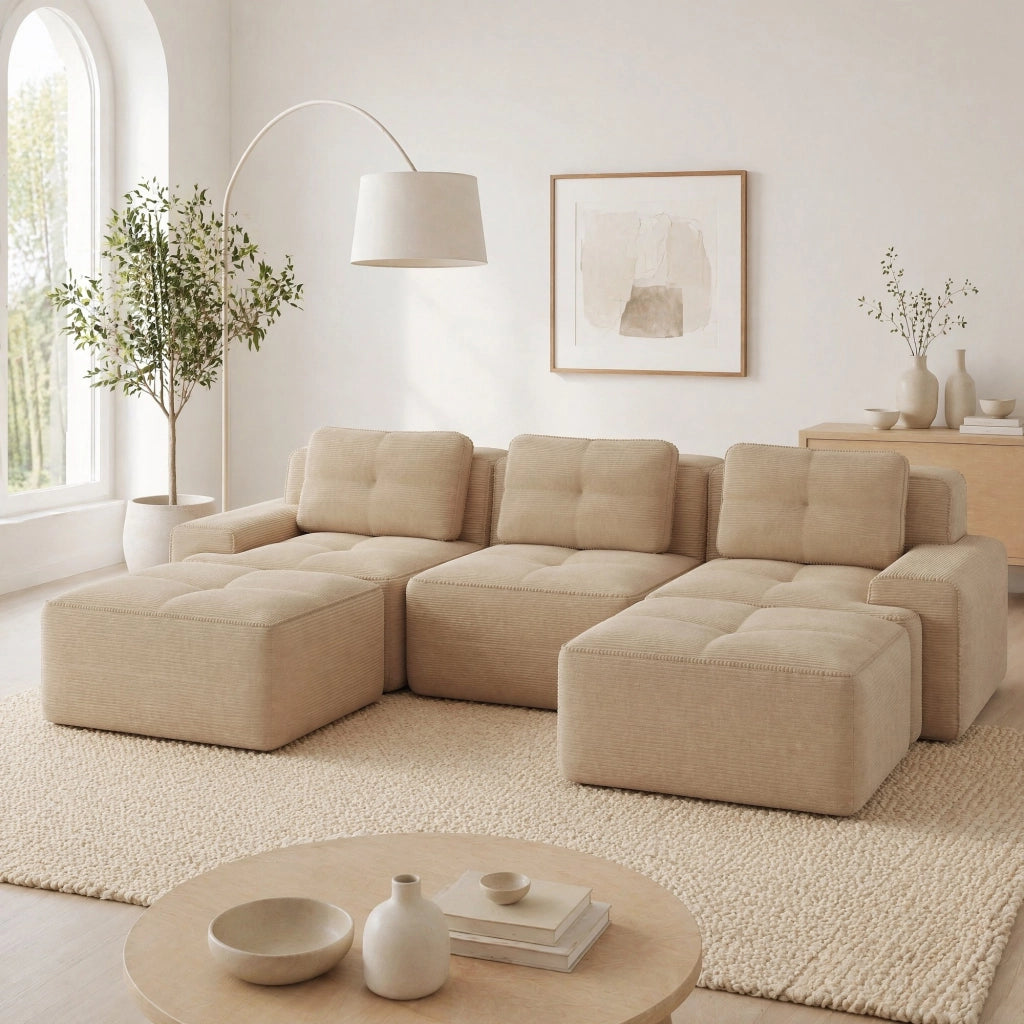 Divano modulare cloud in corduroy con pouf; 293x177x69 cm; beige