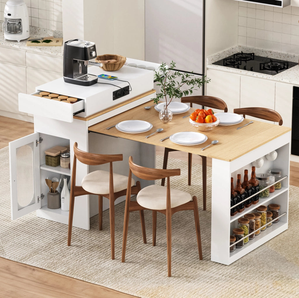Isola cucina 83x46x96 cm estendibile con piano pieghevole in MDF e vetro bianco