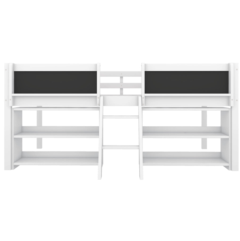 Letto a soppalco basso ULEVR 90x200 cm con ripiani, lavagna, barriera di sicurezza e scala, bianco