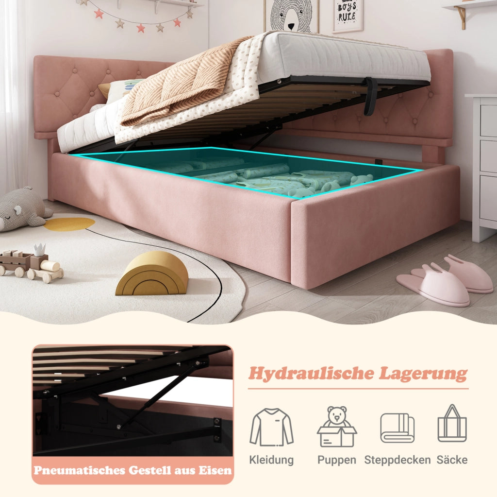Letto divano 90x190 cm con contenitore idraulico; rivestimento in velluto rosa