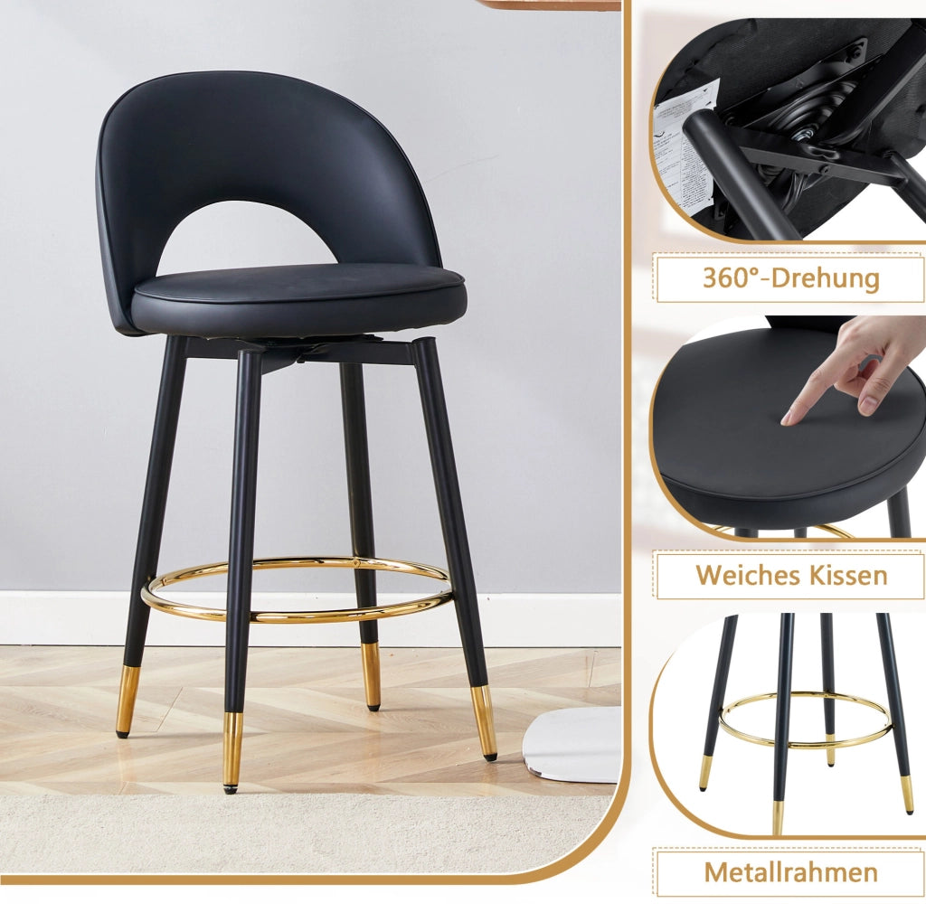 Sgabello da bar girevole 360° nero con dettagli oro