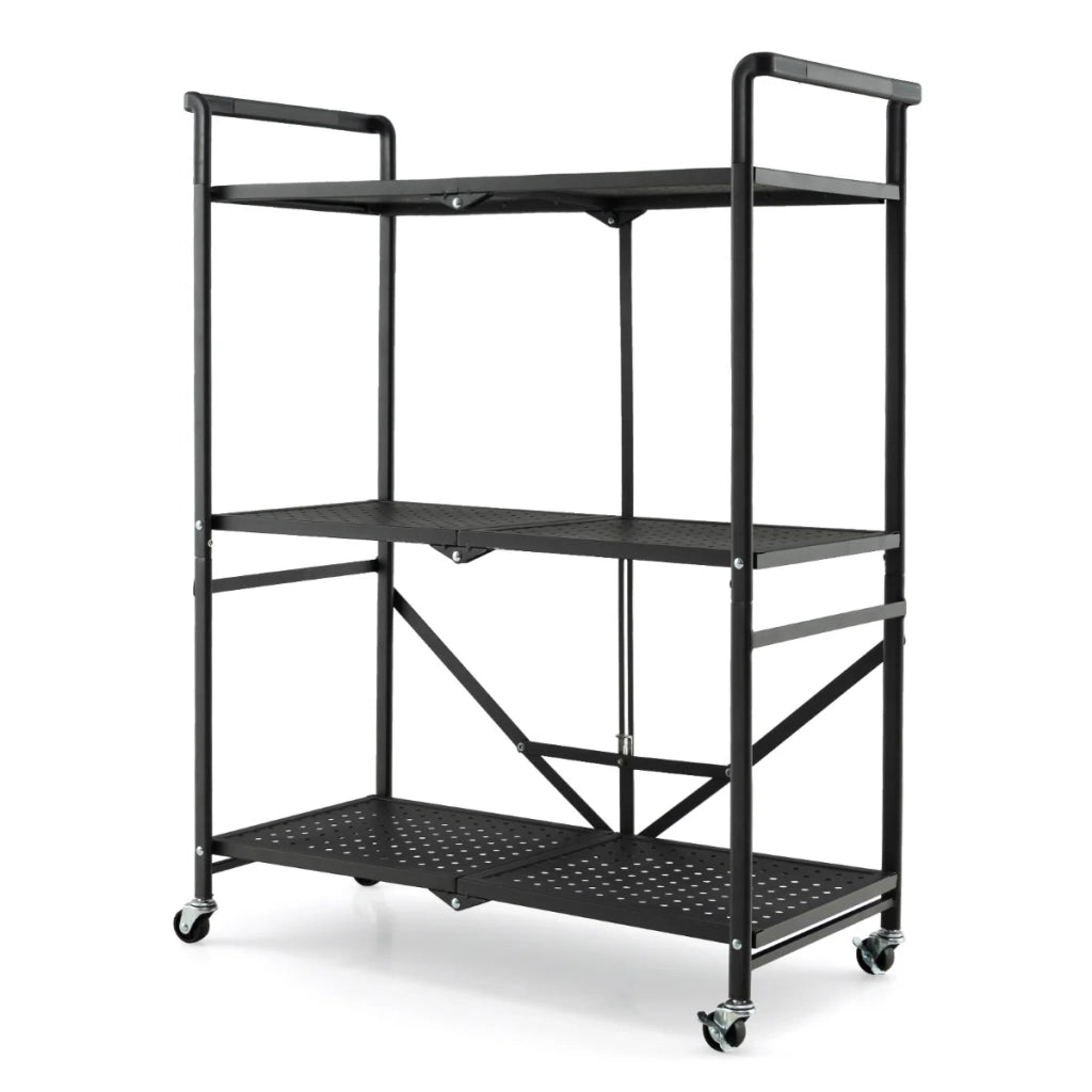 Carrello di servizio pieghevole - 72,5 x 33 x 93,5 cm - 3 pratici ripiani - facile mobilità - metallo nero 20_0019645