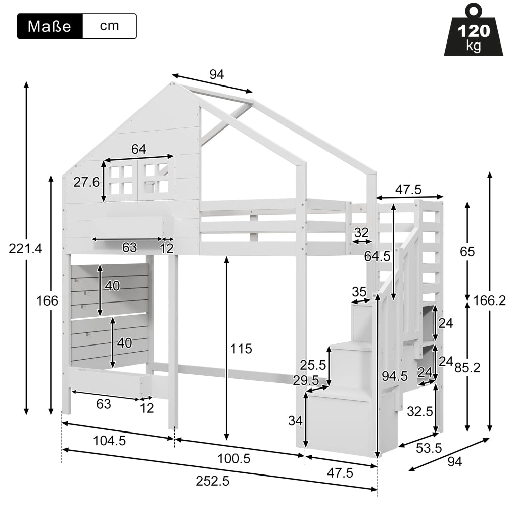 Letto a castello per bambini 90x200 cm con scala contenitore; finestra e struttura in pino bianco