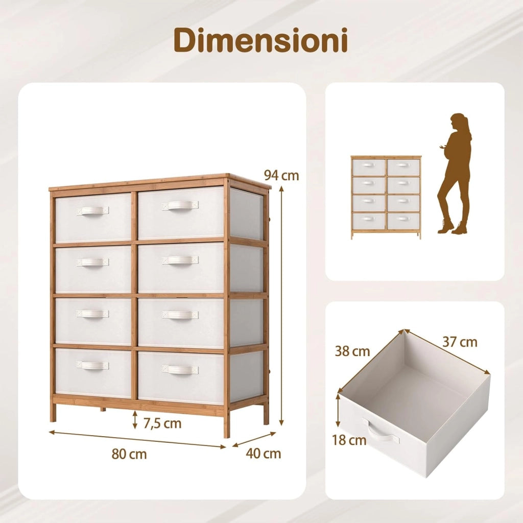 Cassettiera con 8 Cassetti, Torre di Stoccaggio in Tessuto di Bambù con Contenitori Rimovibili, Mobile con Cassetti per Guardaroba, Soggiorno, Corridoio, 80 x 40 x 94 cm