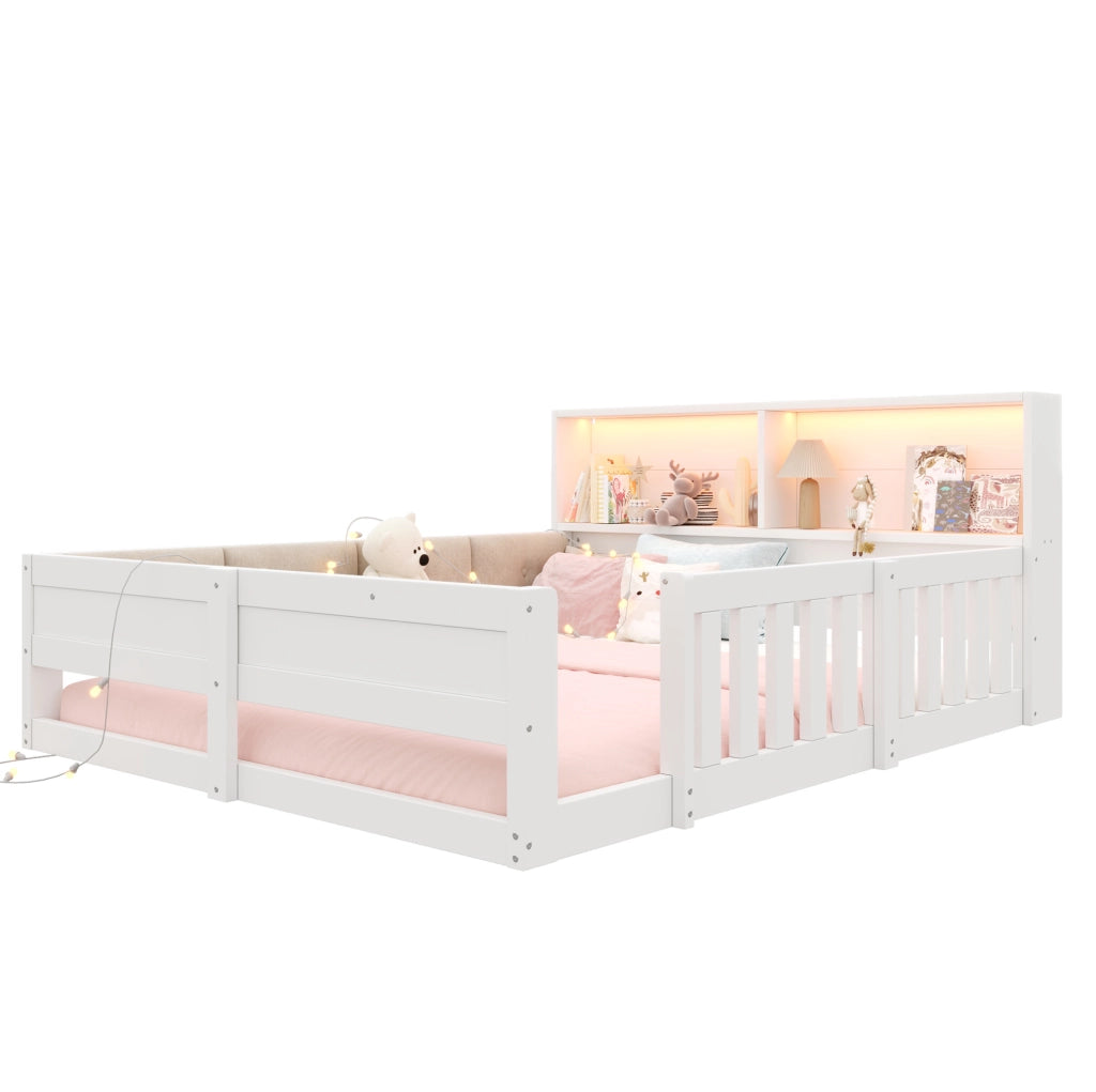 Letto per bambini 140x200 cm con sponde; LED e testiera con contenitore; bianco