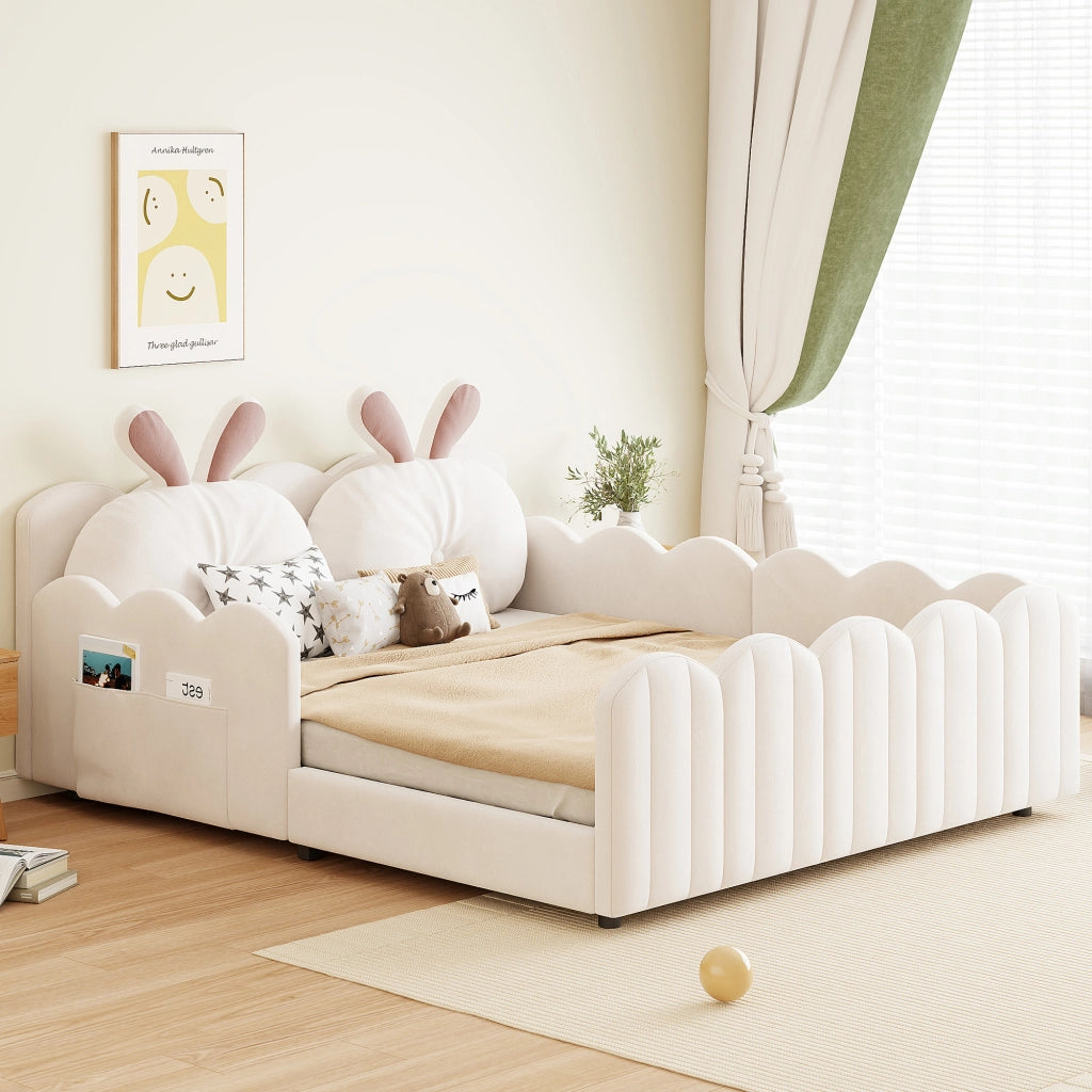 Letto imbottito con cuscino a coniglio, 140x200 cm, beige