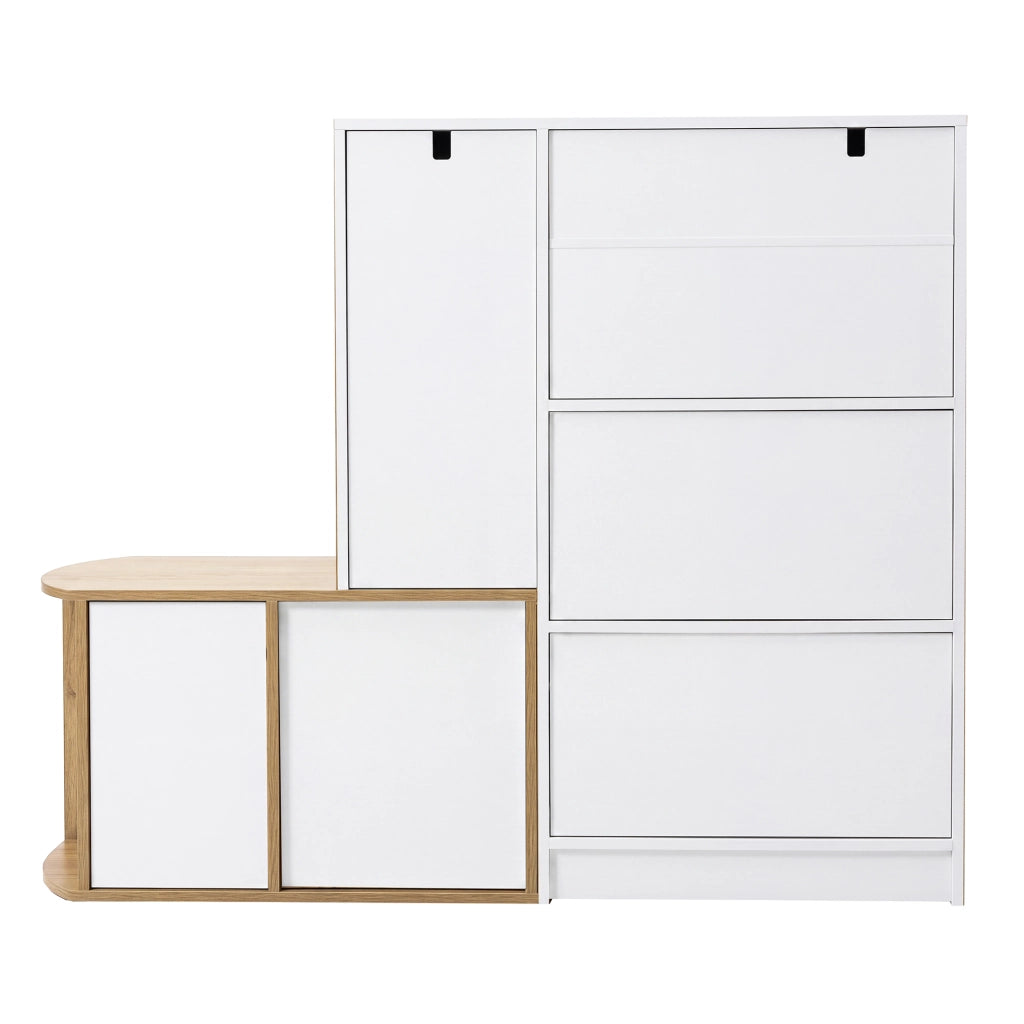 Mobile portascarpe con panca e vano a giorno, 1 cassetto, 5 ante, MDF, bianco e effetto legno, 130 x 35 x 110,5 cm