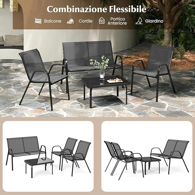 Set Tavolo e Poltrona da Giardino, Set di Mobili 4 Pezzi per Esterno, con Tavolino in Vetro Temperato, Panca e 2 Poltrone, per Giardino Balcone Piscina (Grigio)