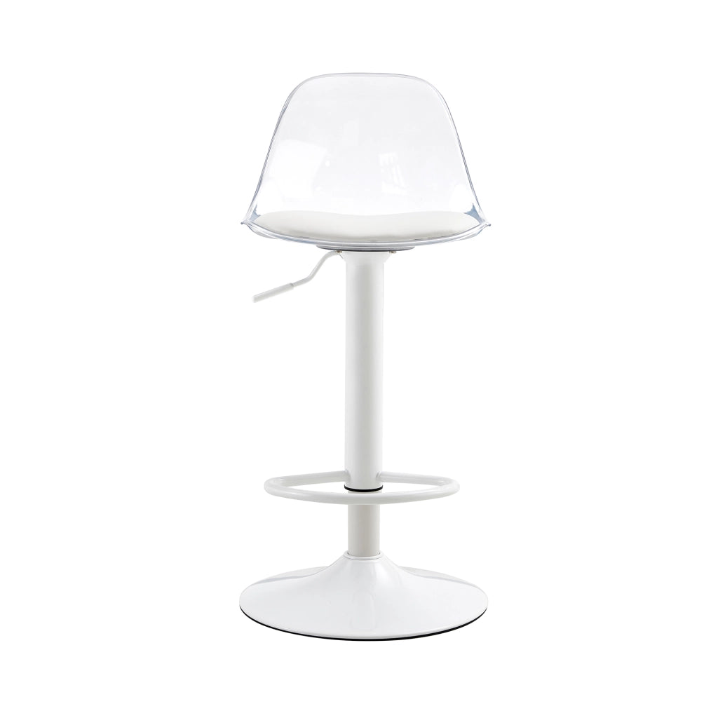 Sgabello da bar 2 pezzi con seduta girevole e schienale ergonomico, altezza regolabile, in metallo e plastica, Trasparente e Bianco