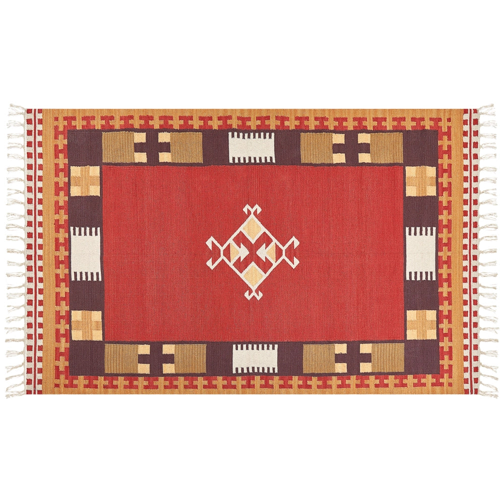Tappeto Kilim in cotone tessuto a mano reversibile con motivo geometrico e nappe multicolore 140 x 200 cm soggiorno camera da letto