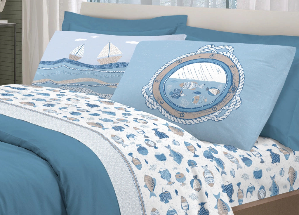 Completo Lenzuola Letto Pensieri Delicati 100% Cotone Disegno Oceano - Singolo - Bianco