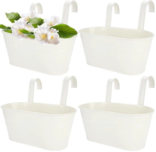 Set di 4 contenitori per piante da appendere sulla recinzione, contenitori metallici per piante da appendere all'esterno con chiodo rimovibile, grandi contenitori per piante da appendere per il giardino, recinzione