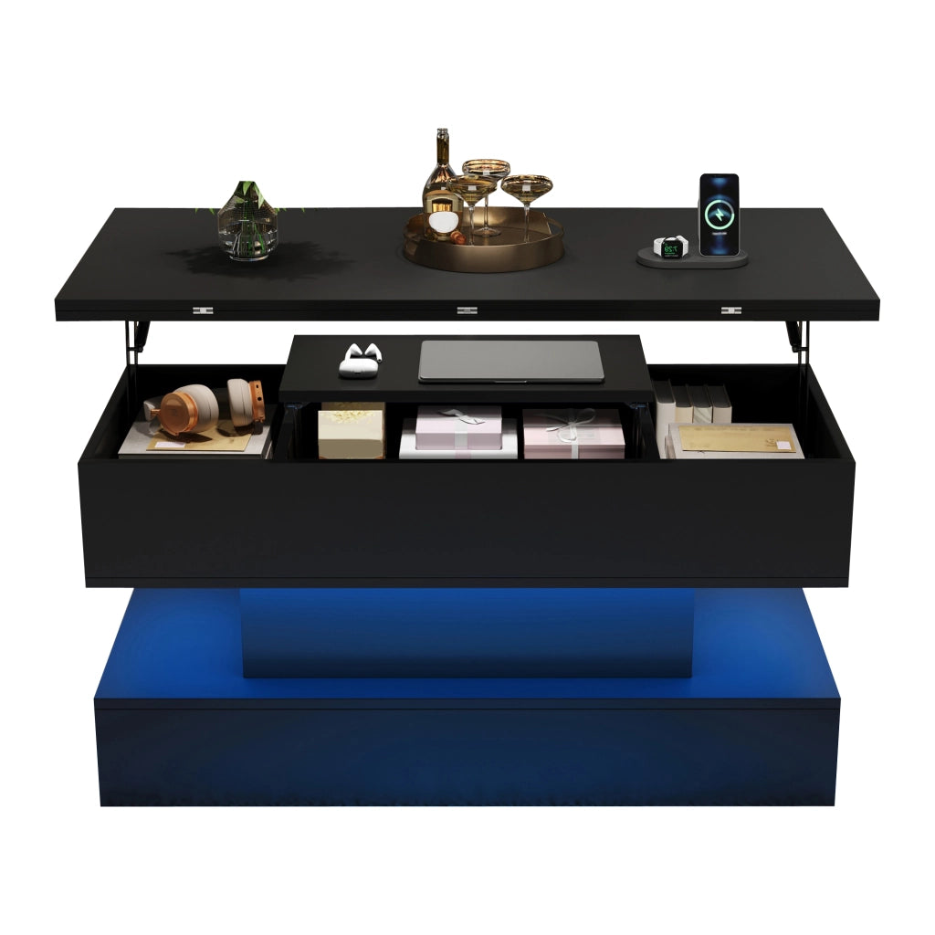 Tavolino da salotto alzabile 100x50x51,5 cm nero con LED, presa laterale, ricarica USB, vano contenitore e piano regolabile