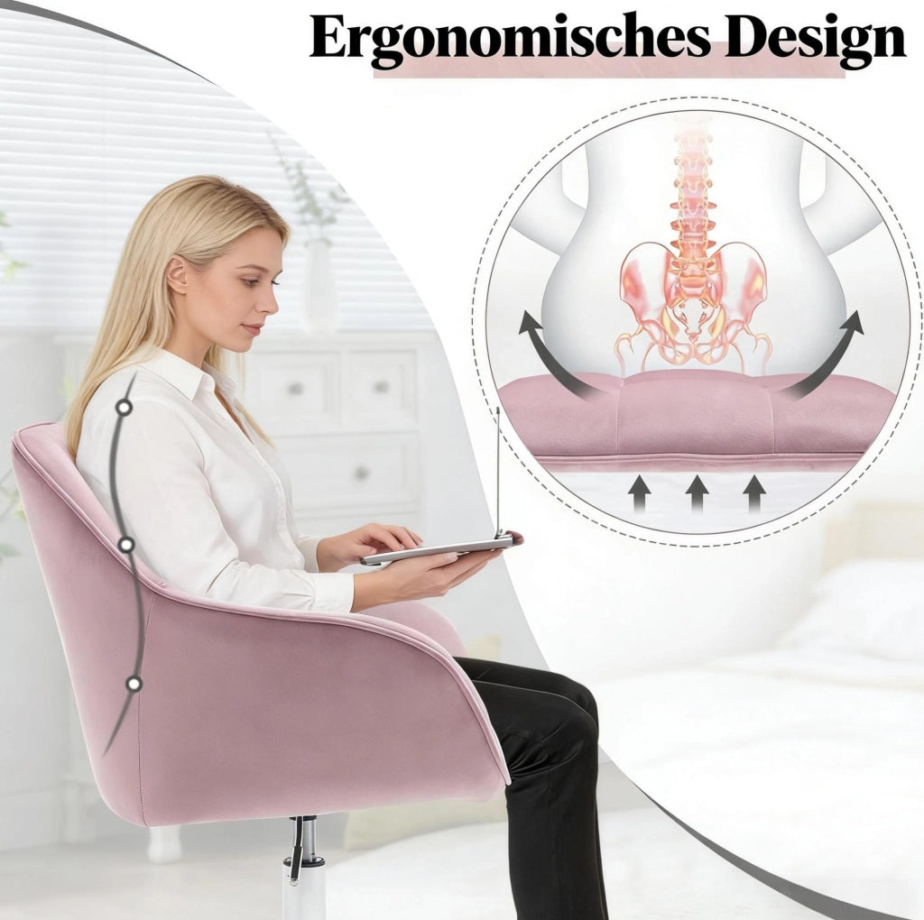Sedia da ufficio ergonomica rosa in velluto con ruote