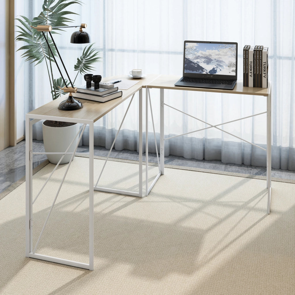 Scrivania angolare in metallo e legno con struttura robusta e piano ampio, per studio e home office, rovere bianco