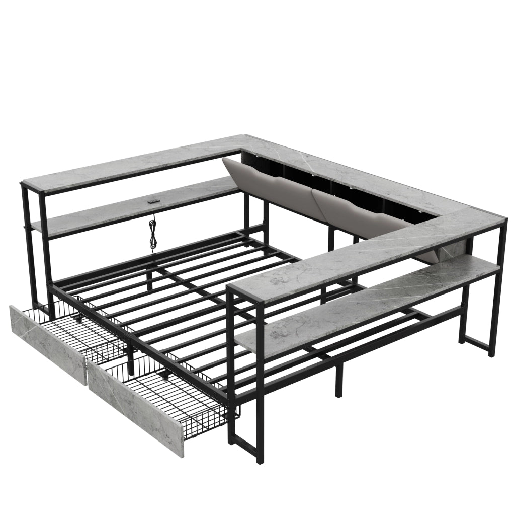 Letto imbottito 140 x 200 cm grigio con cassetti, vani e ricarica USB Type-C