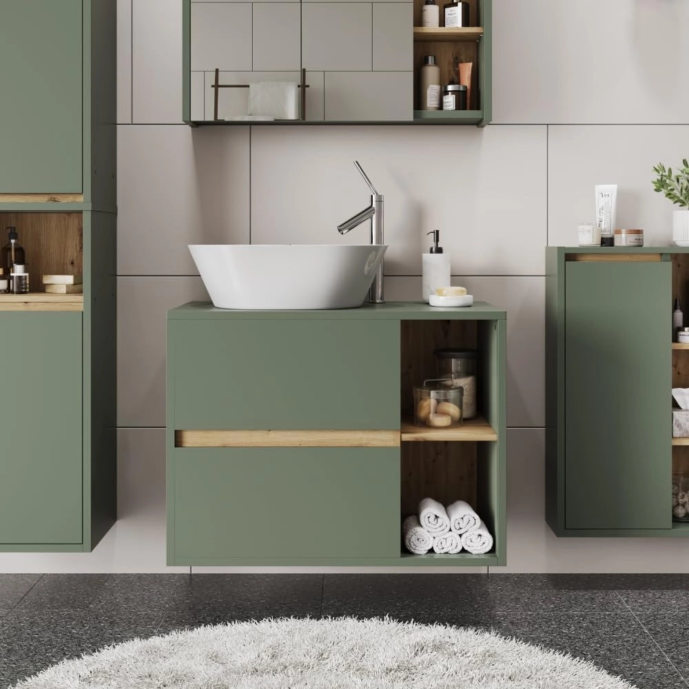 Mobiletto per lavabo Viola, Verde/Artigianale, 80 x 60 cm con 2 cassetti