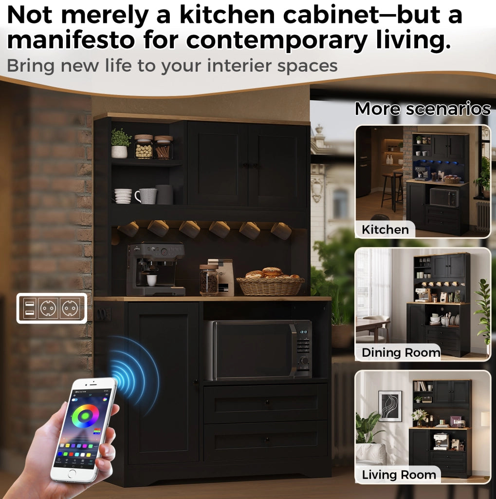 Credenza cucina multifunzione 100x40x163 cm con LED; prese; 2 cassetti e ripiani regolabili; nero