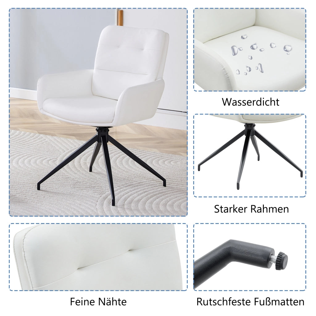 Sedia da pranzo girevole 360° con schienale capitonné, PU e gambe in metallo nere, bianco e nero, 85 cm