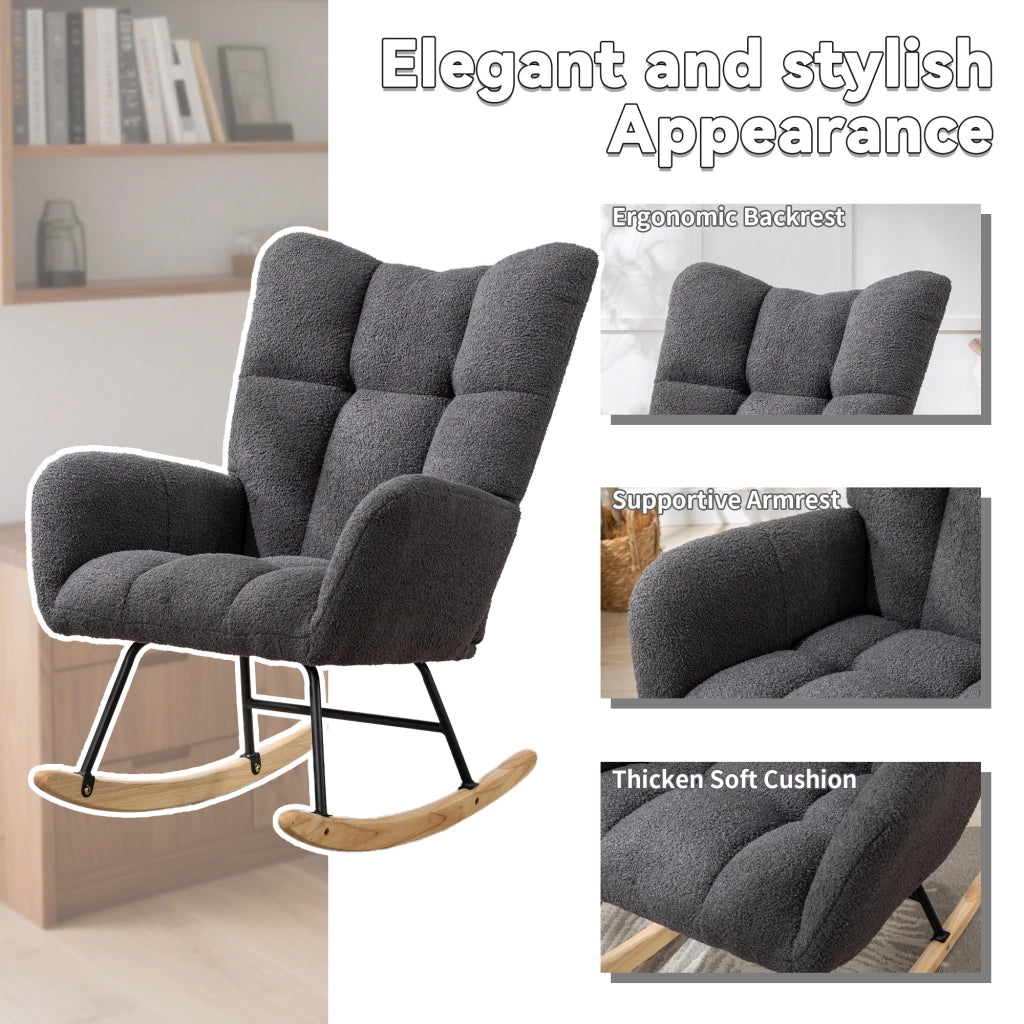 Sedia a dondolo in tessuto teddy con design ergonomico base in legno massiccio e struttura in metallo grigio