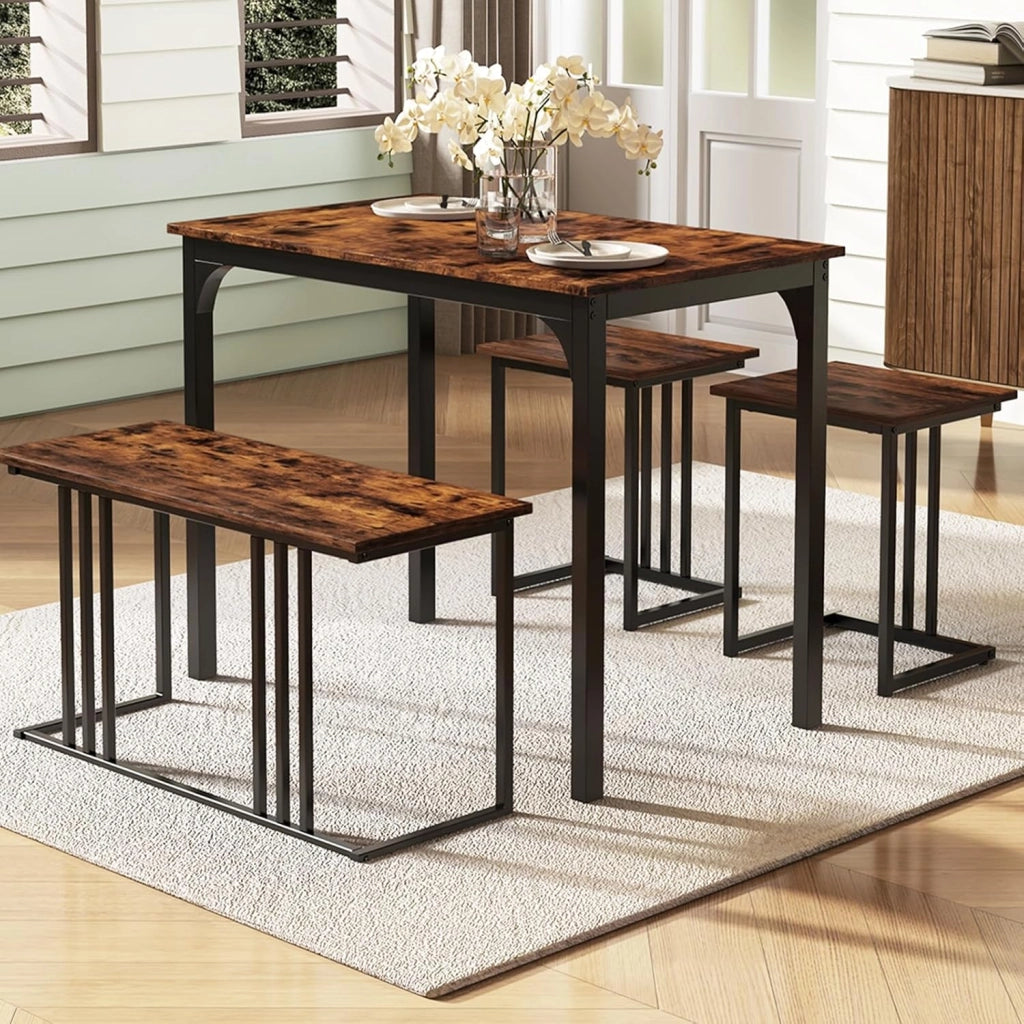 Set tavolo e sedia da pranzo 4 pezzi, tavolo da cucina 4 persone 120 x 60 x 75 con 1 panca e 2 sgabelli, struttura in metallo, per sala da pranzo, soggiorno, caffè (marrone)