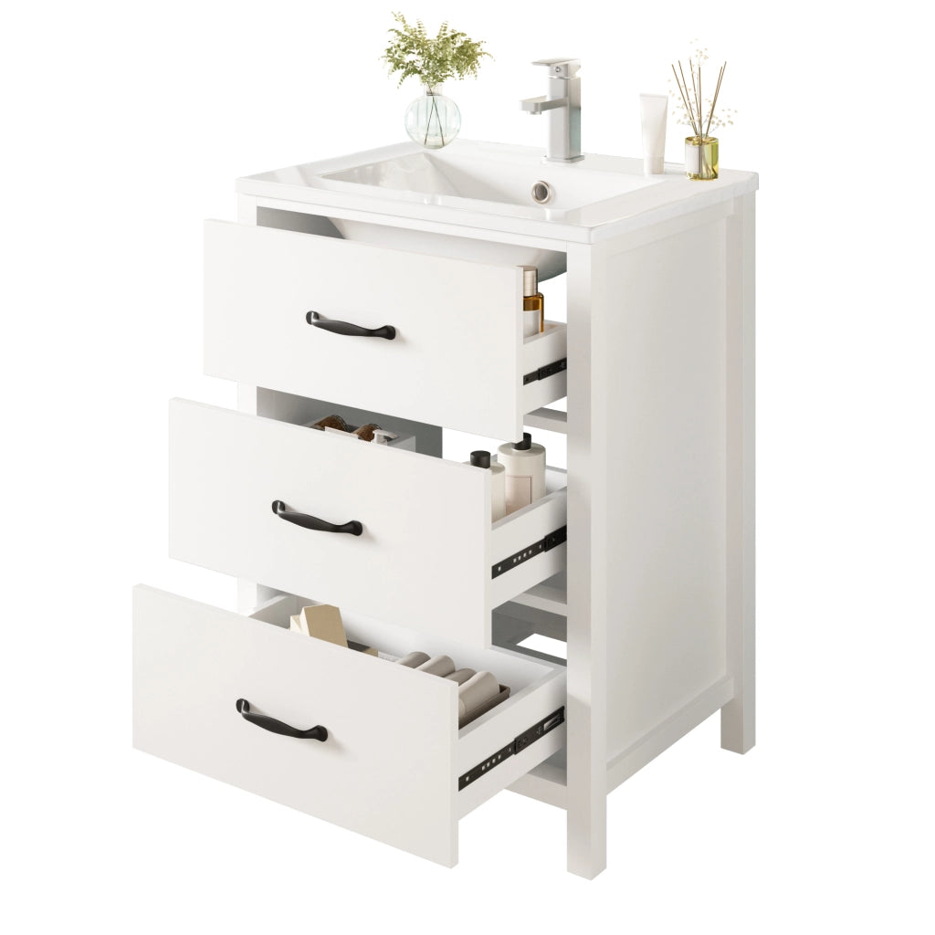 Mobile bagno freestanding 61 x 47 x 83 cm con lavabo in ceramica, 3 cassetti, bianco