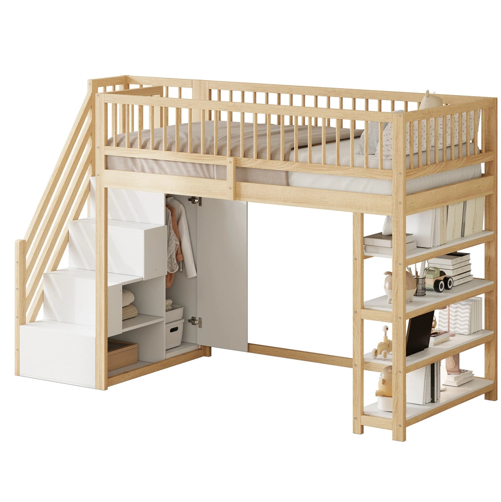 Letto a soppalco 90x200 cm in legno massiccio color legno naturale con scala e contenitore