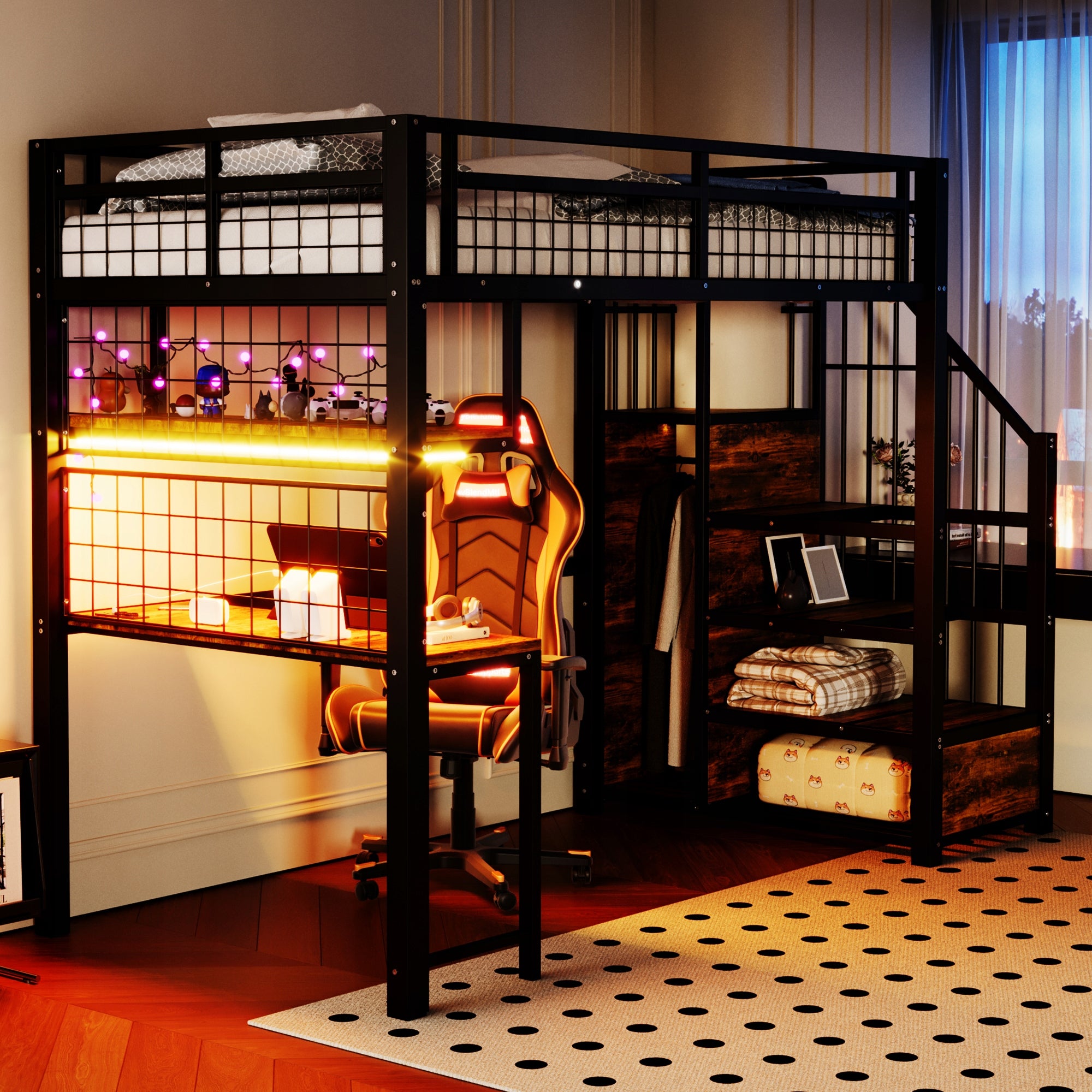 Letto a castello 90x200 nero - Xylo - con illuminazione e ripostiglio