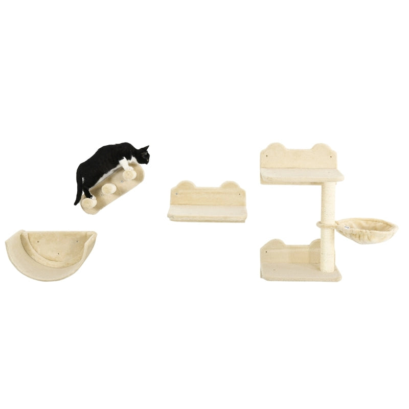 Parete giochi per gatti 4 pezzi con tiragraffi, piattaforma, scaletta e cuccia semicircolare, beige