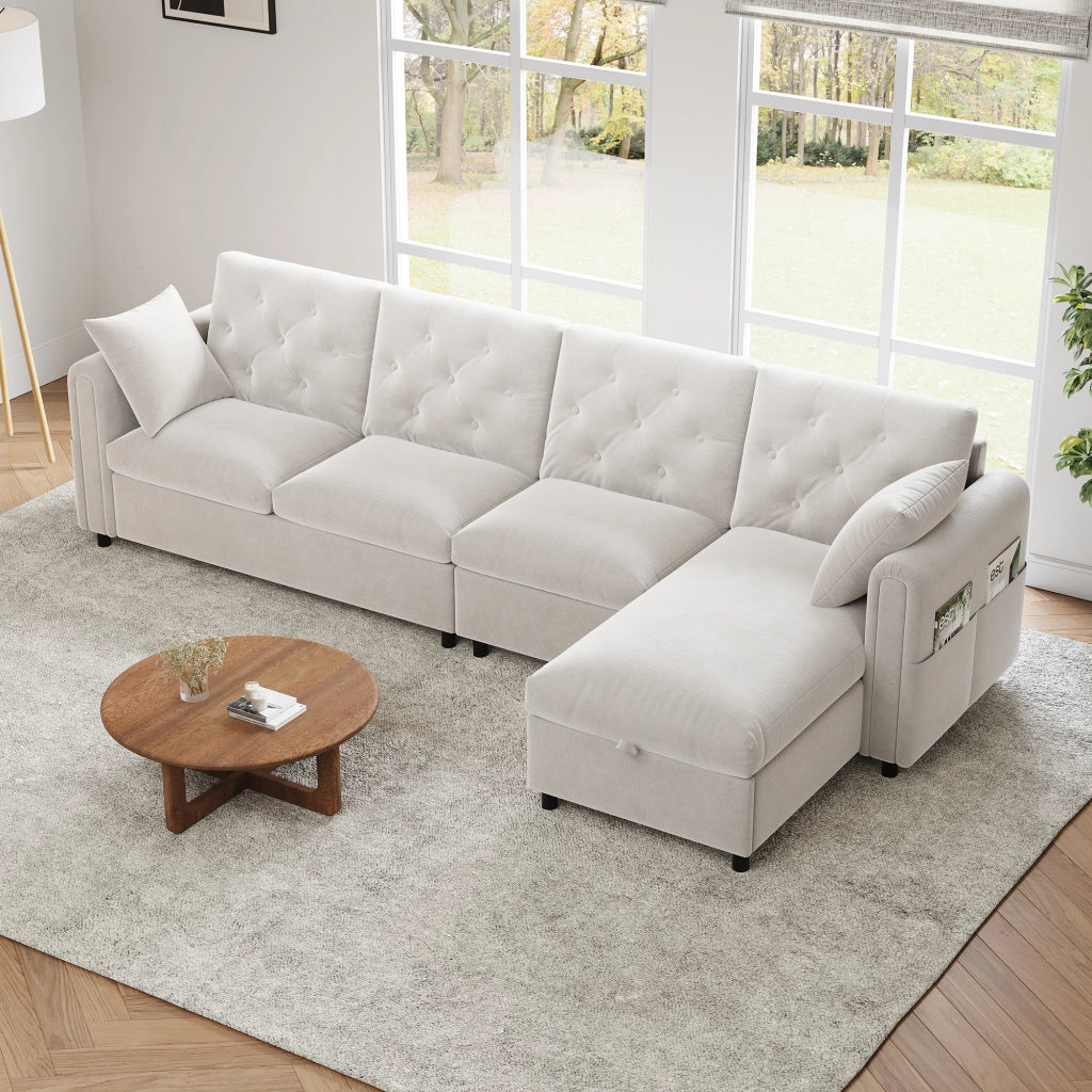 Divano angolare letto con contenitore e tasche laterali in velluto beige