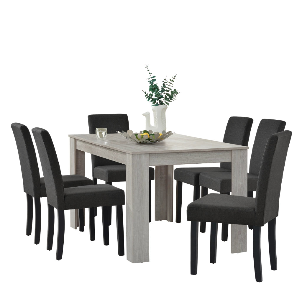 Set da Pranzo Tavolo Rettangolare con 6 Sedie Imbottite - Effetto Rovere/Grigio [en.casa]