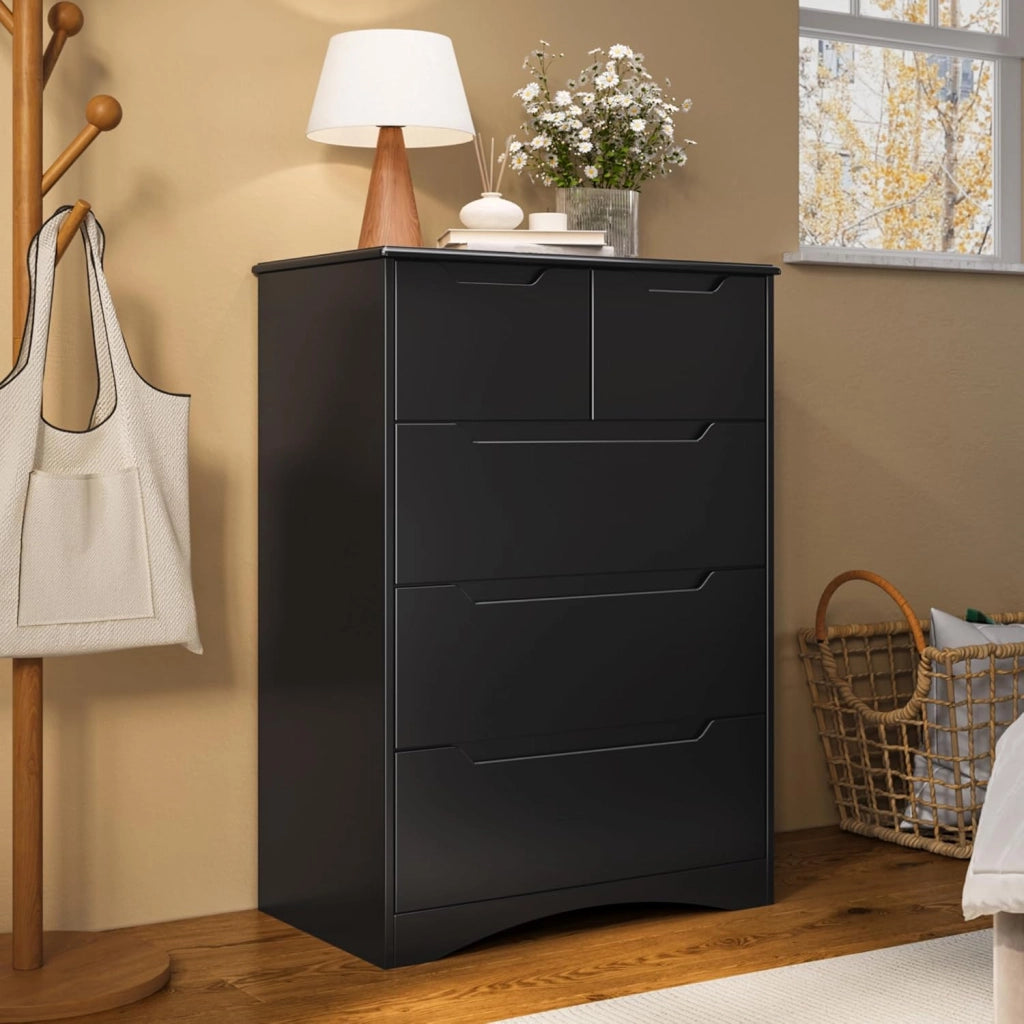 Cassettiera con 5 cassetti, armadio per camera da letto, armadietto per soggiorno, impermeabile e durevole, 94 x 72 x 41 cm (nero)