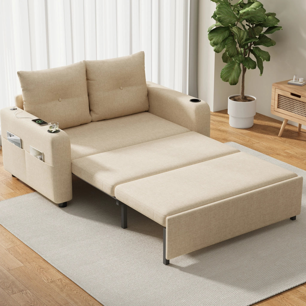 Divano Letto 3-in-1 Beige con Porta Bicchieri, Tasche Laterali, Cuscini e Porta USB, 2 Posti