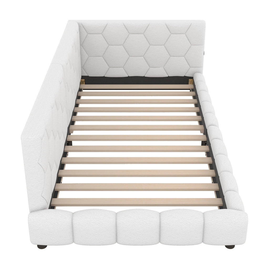 Letto singolo 90×200 cm con LED regolabile; USB e Type-C; senza materasso; MDF e velluto; bianco