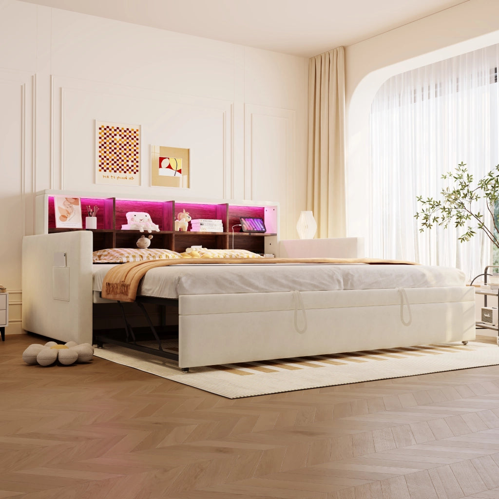 OKWISH Letto Estraibile Singolo con Contenitore, LED, USB e Tipo C, 90 x 190 cm, senza Materasso, Beige