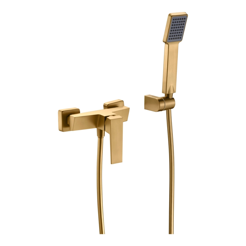 IMEX Miscelatore doccia in ottone con finitura oro spazzolato tubo flessibile metallo 180 cm portamanopola ABS manopola quadrata cartuccia ceramica Ø35 mm – Modello Imex-BDAR025-5OC