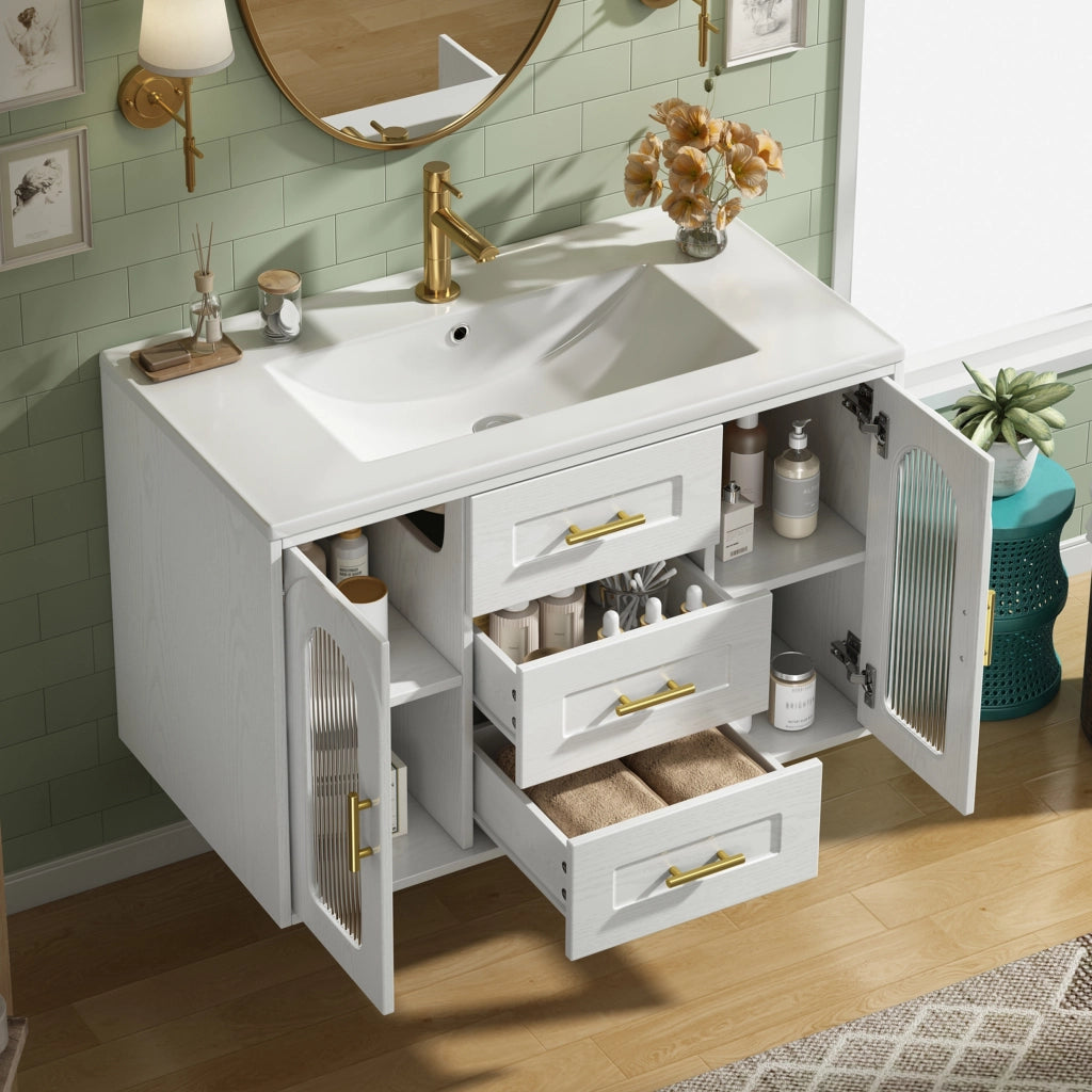 Mobile sottolavabo da bagno con 2 cassetti 2 armadietti LED e lavabo ceramica bianco 76 × 46 × 55 cm