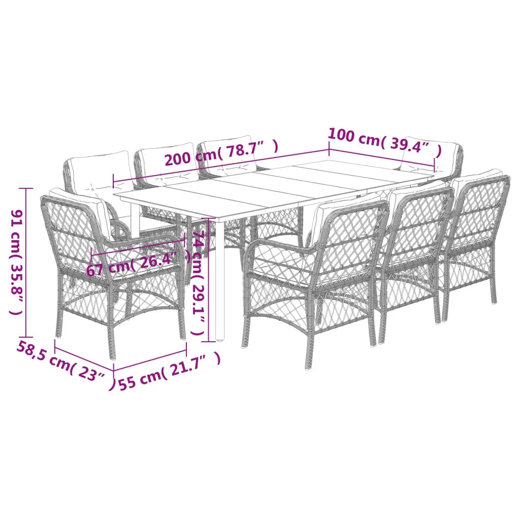 Set da Pranzo da Giardino 9pz con Cuscini Marrone in Polyrattan 3212123