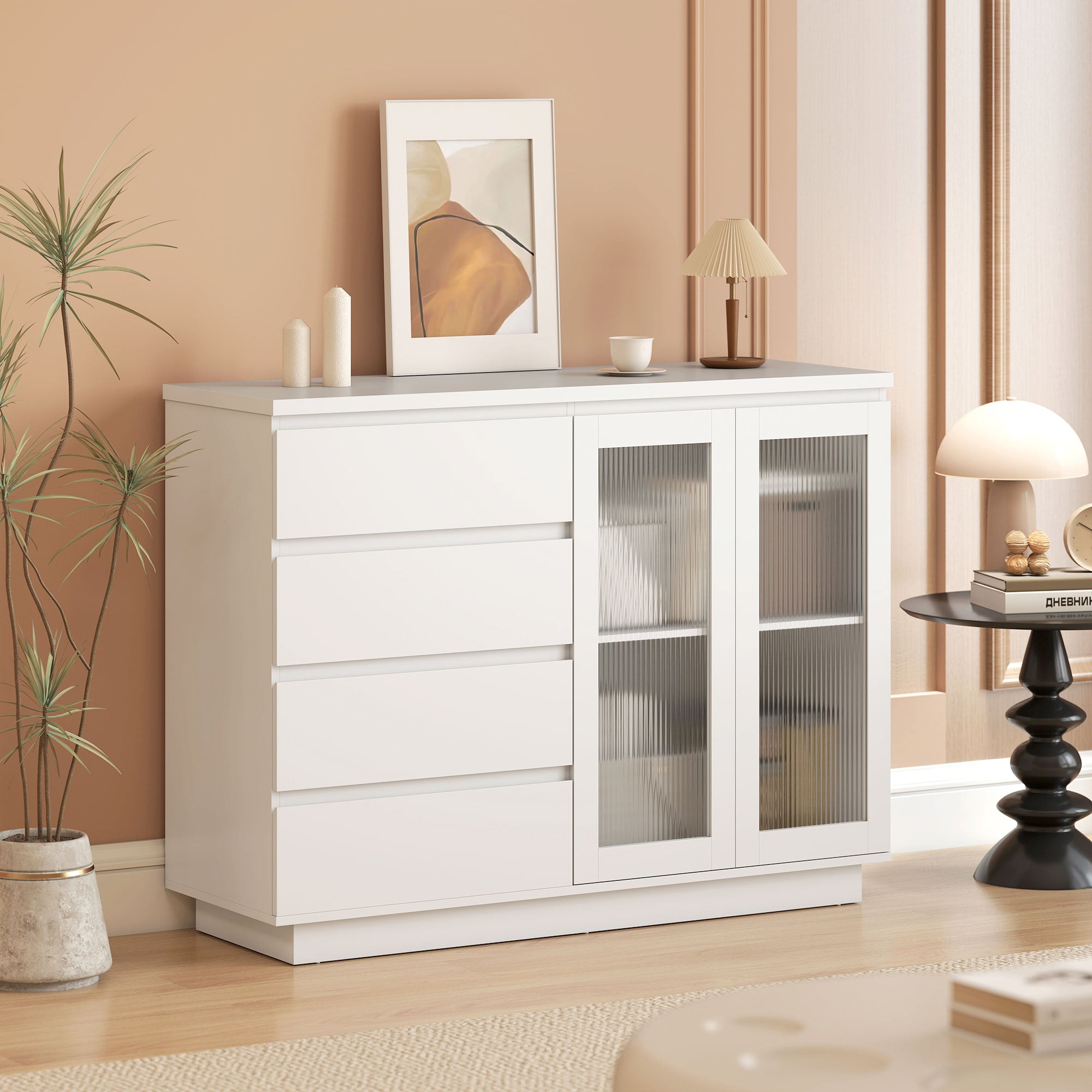 Credenza Buffet 120x40x91 cm con 4 Cassetti e Armadietto con Ante in Vetro in Legno Bianco
