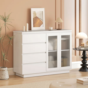 Credenza Buffet 120x40x91 cm con 4 Cassetti e Armadietto con Ante in Vetro in Legno Bianco